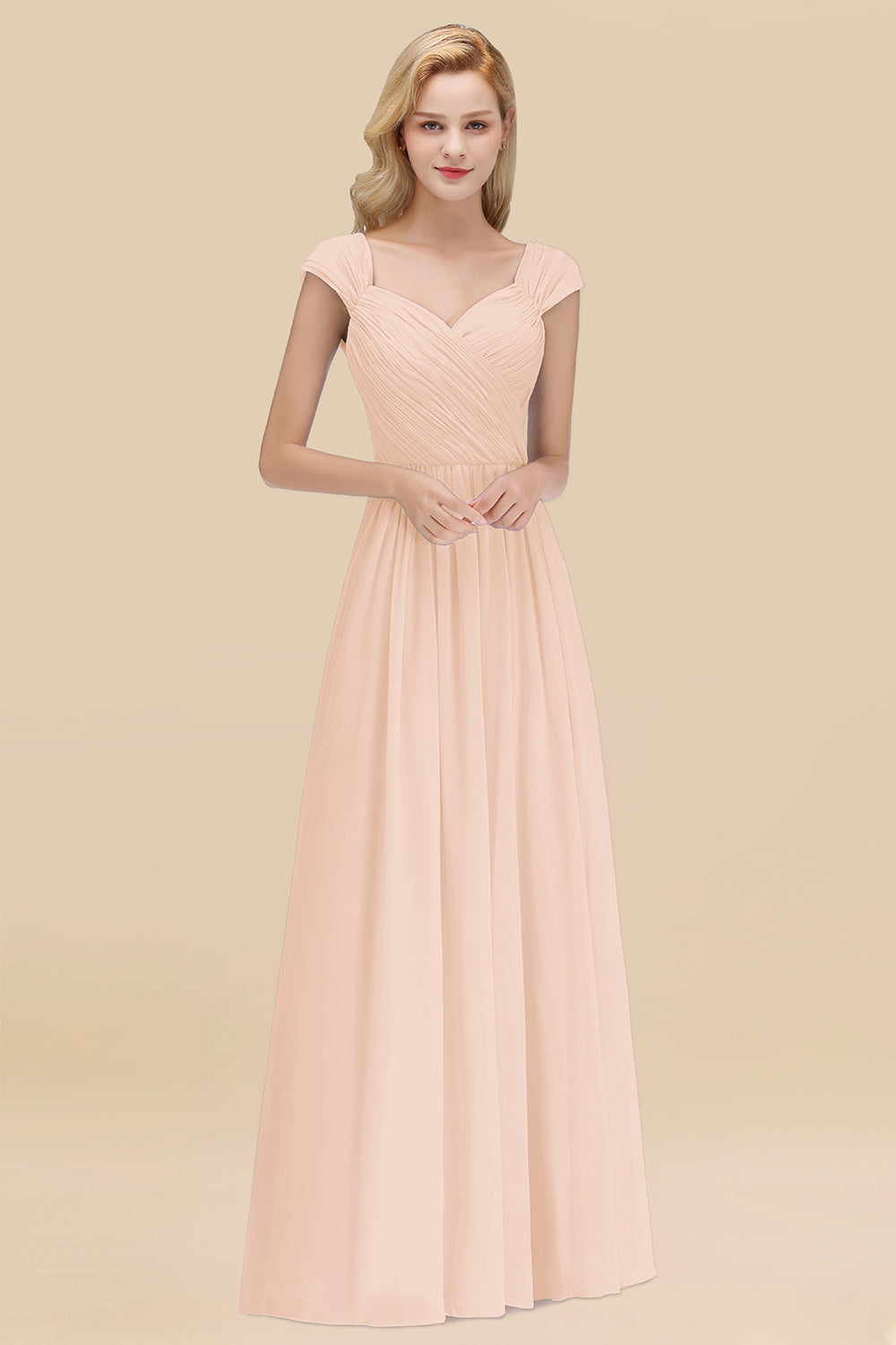 A-Line Chiffon Straps Sweetheart Sleeveless Floor Length Bridesmaid Dress with Ruffles