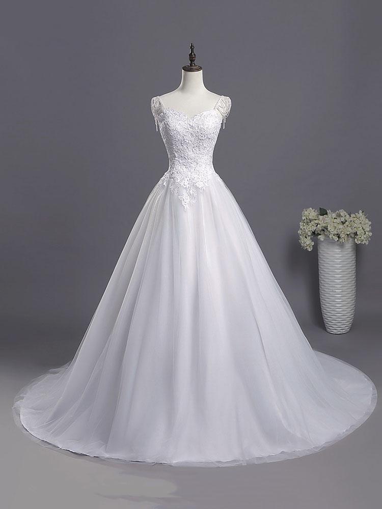 Gorgeous Long A-line Sweetheart Tulle Lace Appliques Wedding Dresses