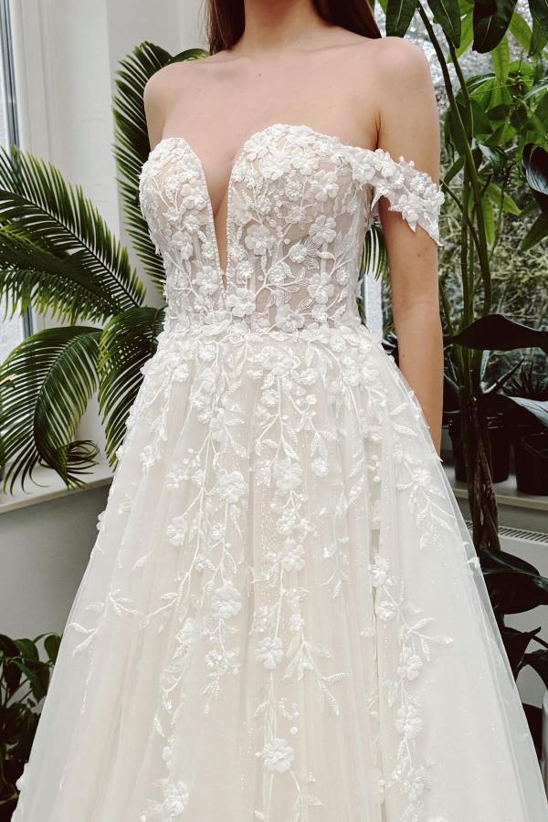 Ivory Long A-line Off the Shoulder Tulle Lace Wedding Dress