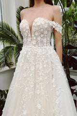 Ivory Long A-line Off the Shoulder Tulle Lace Wedding Dress
