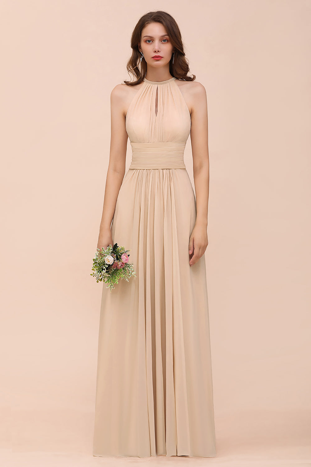 Elegant Long A-Line Jewel Ruffle Chiffon Champagne Bridesmaid Dress