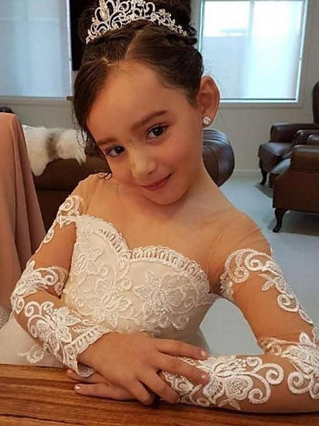 Long Sleeves Ball Gown Lace Tulle Court Train Wedding Flower Girl Dresses With Bow