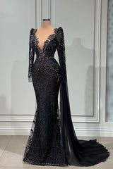 Elegant Long Mermaid V-neck Tulle Lace Black Formal Evening Dress with Sleeves