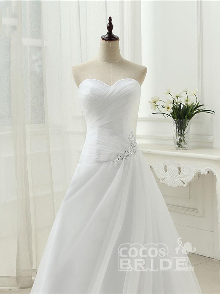 Gorgeous Long A-line Strapless Ruffle Beaded Tulle Wedding Dresses