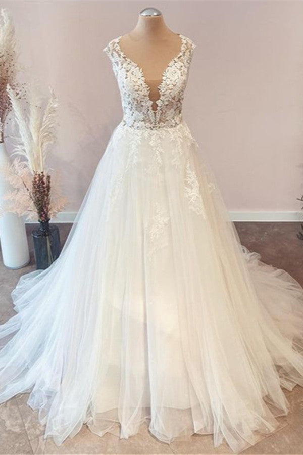 Long Sweetheart Floral Lace Floor Length A-Line Tulle Ruffles Wedding Dress