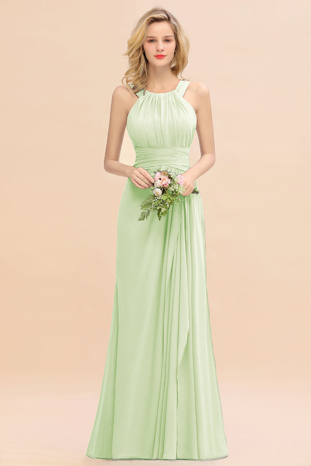 Long A-line Halter Chiffon Backless Floor Length Bridesmaid Dresses