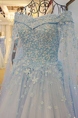 Off the Shoulder Tulle Long Sleeves Beading Flower Ball Gown Prom Dress