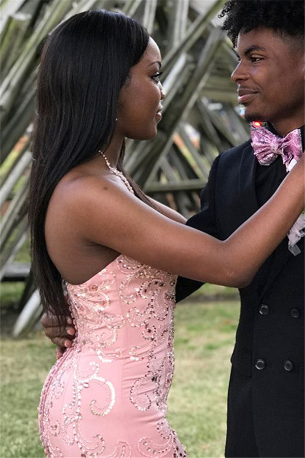 Long Strapless Appliques Lace Satin Mermaid Prom Dress