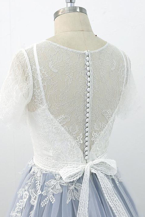 Long Appliques Lace Tulle A-line Wedding Dress es with Short Sleeve