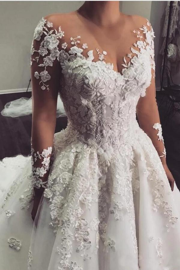 Elegant Bateau Long Sleeve Appliques Lace A-Line Floor Length Wedding Dress