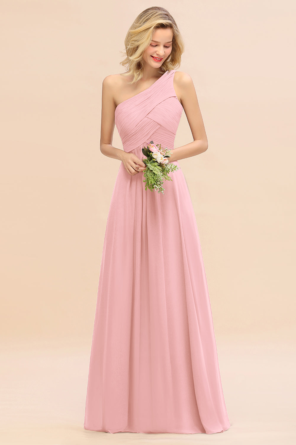 Elegant Candy Pink A-line Chiffon Ruffles One Shoulder Long Bridesmaid Dress
