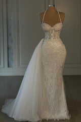 Glitter Halter Sweetheart Mermaid Long Lace Wedding Dresses with Beads