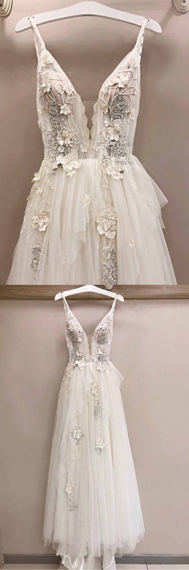 A-line Tulle V Neck Lace Applique Long Wedding Dress