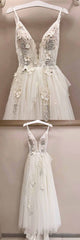 A-line Tulle V Neck Lace Applique Long Wedding Dress