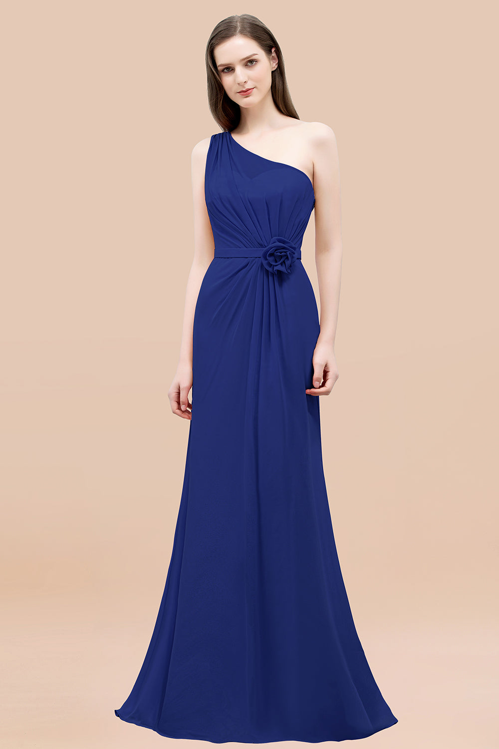 Mermaid Chiffon One Shoulder Sleeveless Ruffled Floor Length Bridesmaid Dresses with Flower
