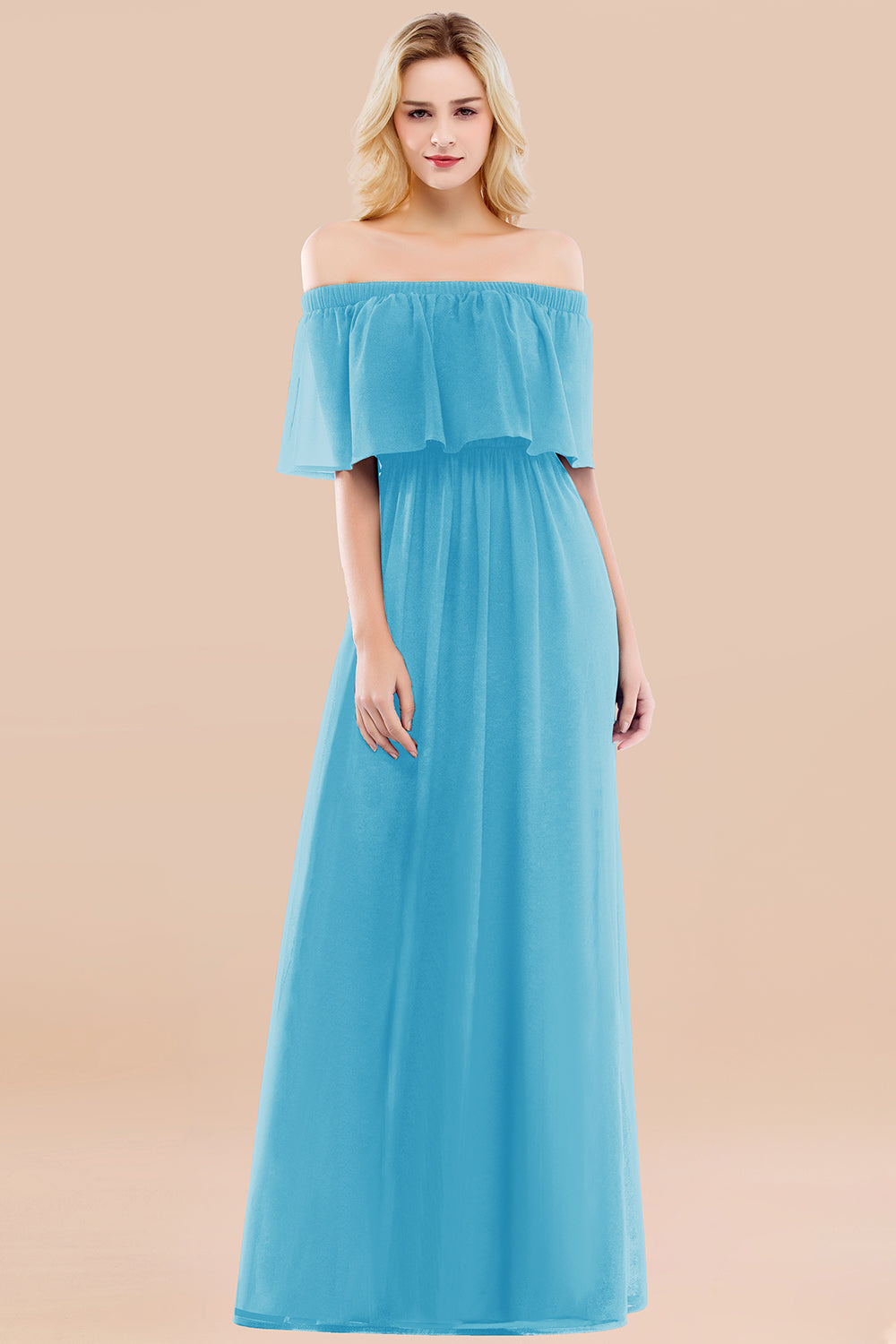 A-line Chiffon Off the Shoulder Short Sleeves Ruffles Floor Length Bridesmaid Dress