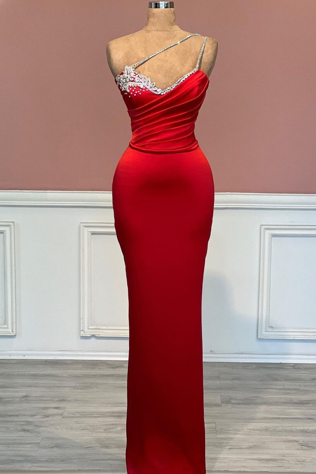 Simple One Shoulder Sleeveless Long Mermaid Prom Dress with Beads
