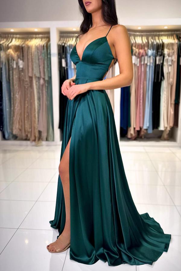 Simple Long A-line V-neck Backless Satin Prom Dresses with Slit