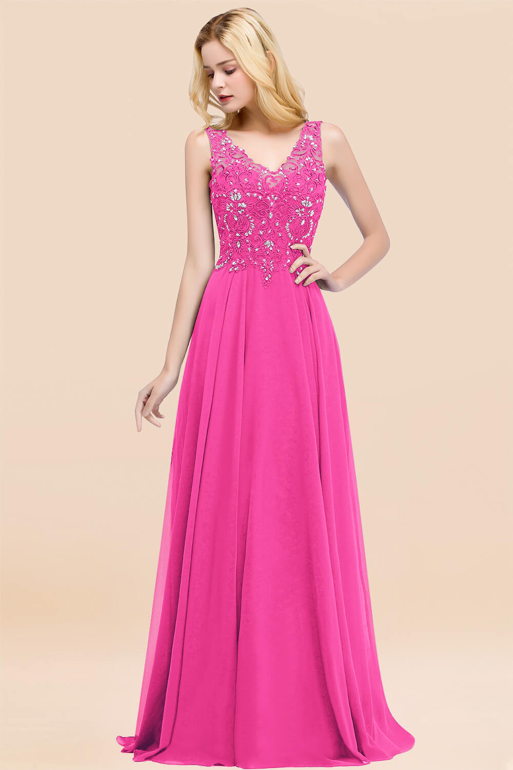 A-line Chiffon Appliques V-neck Sleeveless Floor Length Bridesmaid Dresses with Crystals