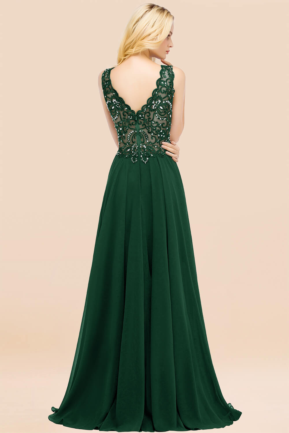 Dusty Rose Lace V-Neck Long Bridesmaid Dresses With Appliques