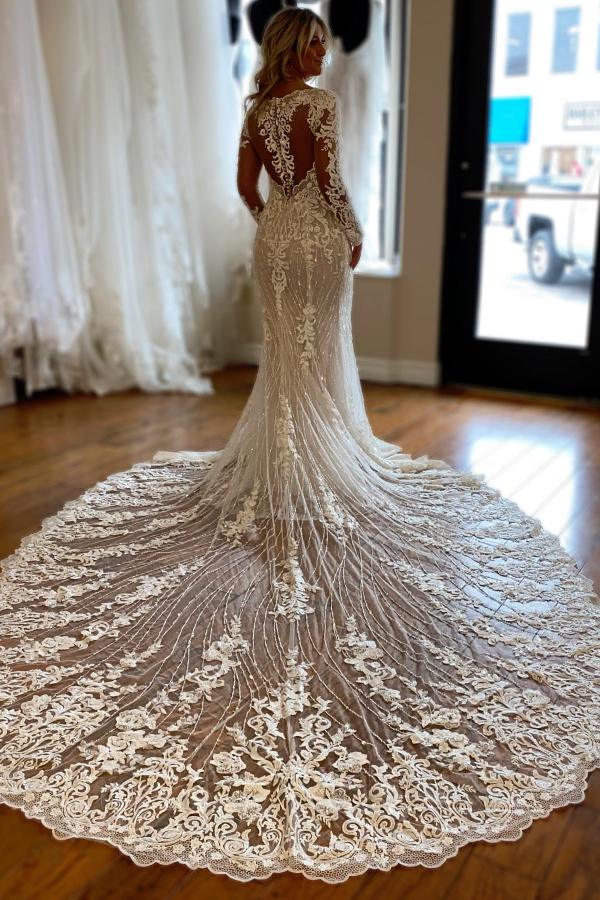 Charming Long Sleeves Mermaid V-neck Tulle Lace Wedding Dress with Ruffles