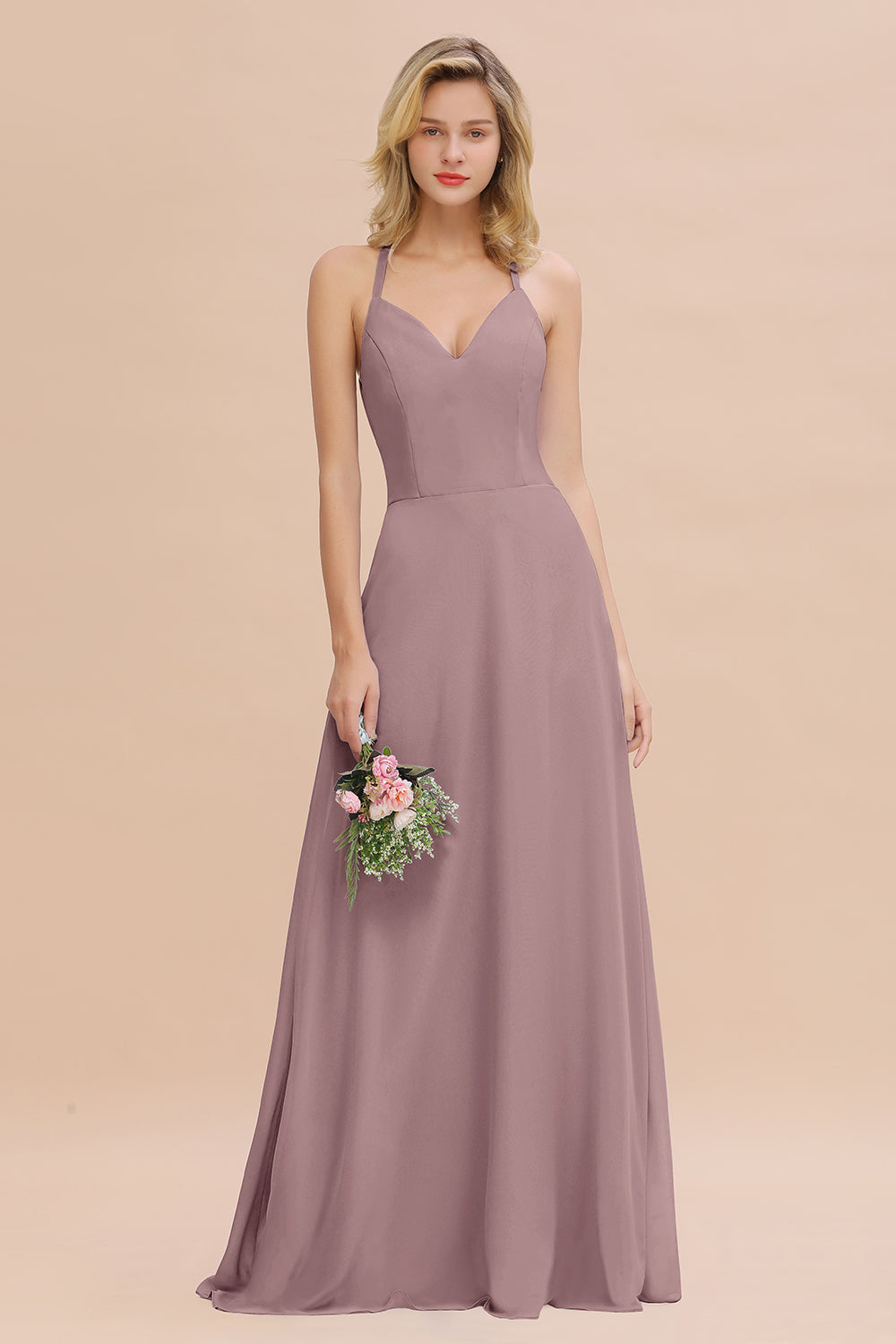 Stylish Chiffon Spaghetti Straps Sleeveless Long Bridesmaid Dress
