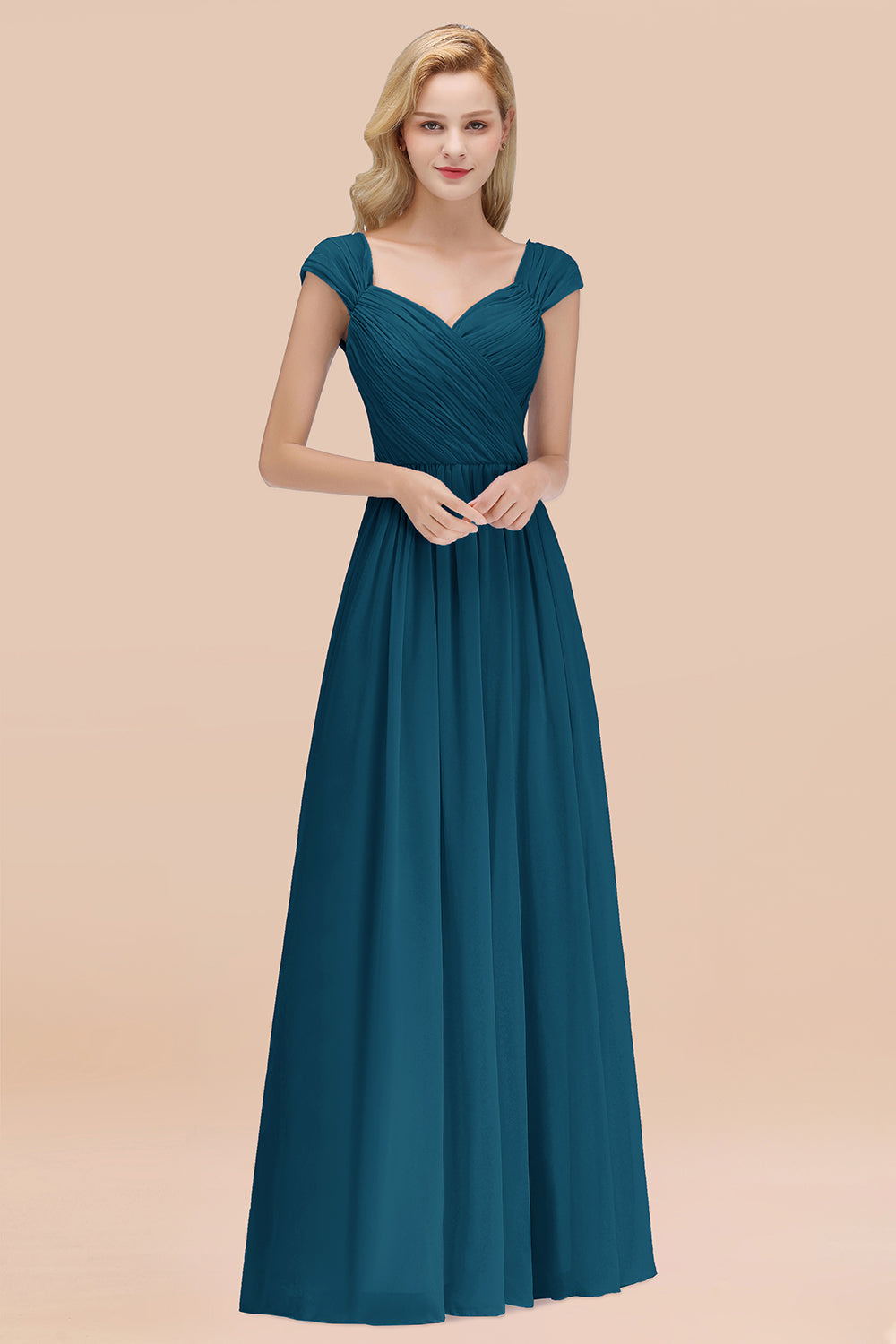 A-Line Chiffon Straps Sweetheart Sleeveless Floor Length Bridesmaid Dress with Ruffles