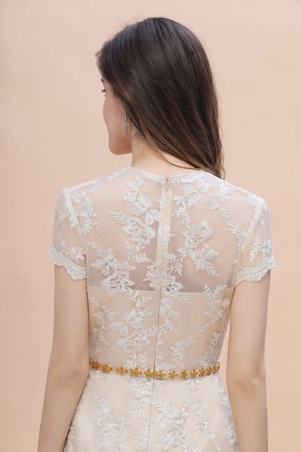 Tulle Lace Beads Belt Short Sleeves Mother of Bride Dress