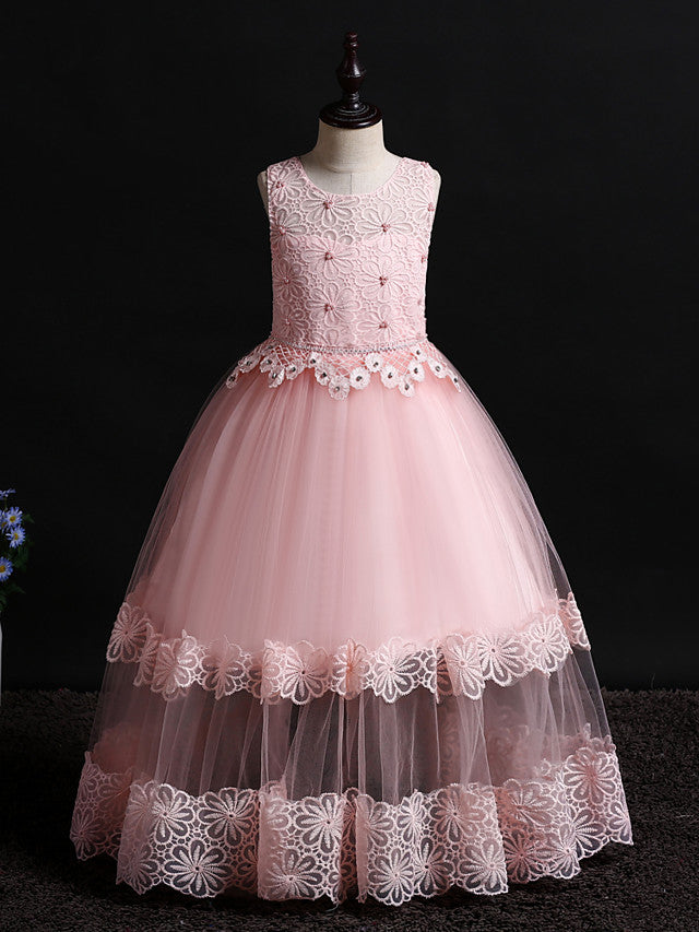 Long Princess Floor Length Sleeveless Jewel Neck Flower Girl Dresses
