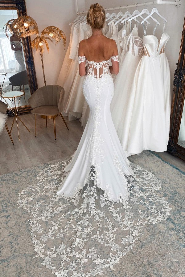 Elegant Long Mermaid Off the Shoulder Chiffon Lace Backless Wedding Dresses