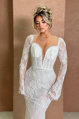 Long Sleeves Sweetheart Mermaid White Lace Floor Length Wedding Dress