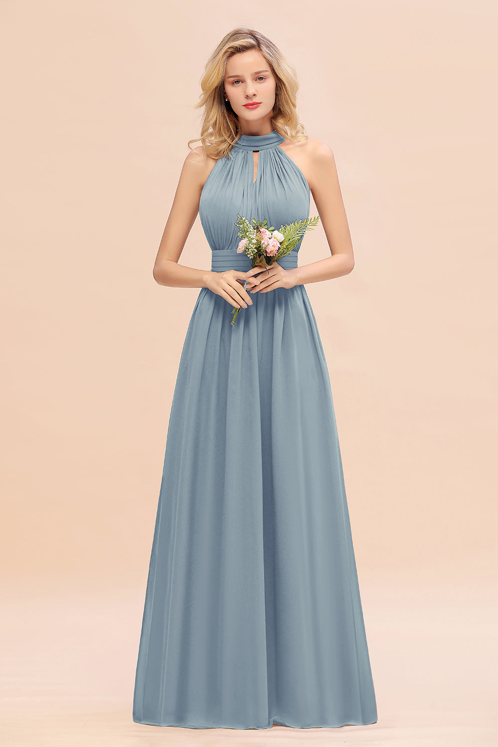 Dusty Sage Long High Neck Chiffon Bridesmaid Dresses with Ruffle