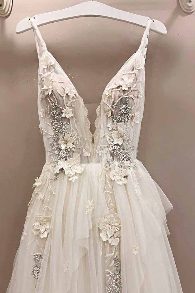 A-line Tulle V Neck Lace Applique Long Wedding Dress