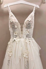 A-line Tulle V Neck Lace Applique Long Wedding Dress