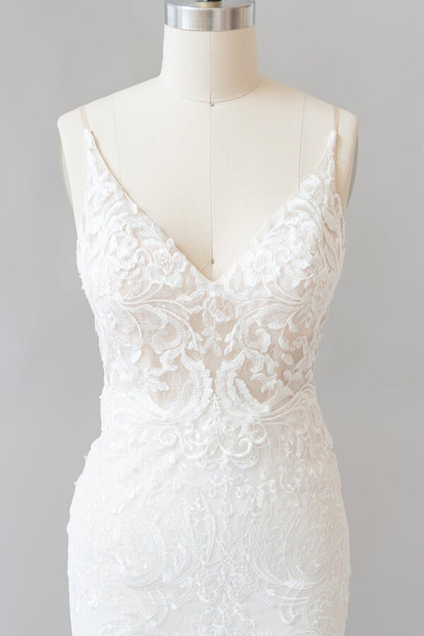 Elegant Long Mermaid Appliques Lace V-neck Chiffon Wedding Dress