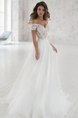 Elegant Long A-line Off the Shoulder Appliques Tulle Wedding Dress with Short Sleeve