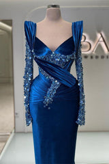 Long Sleeves Sweetheart Satin Formal Evening Dress with Beads