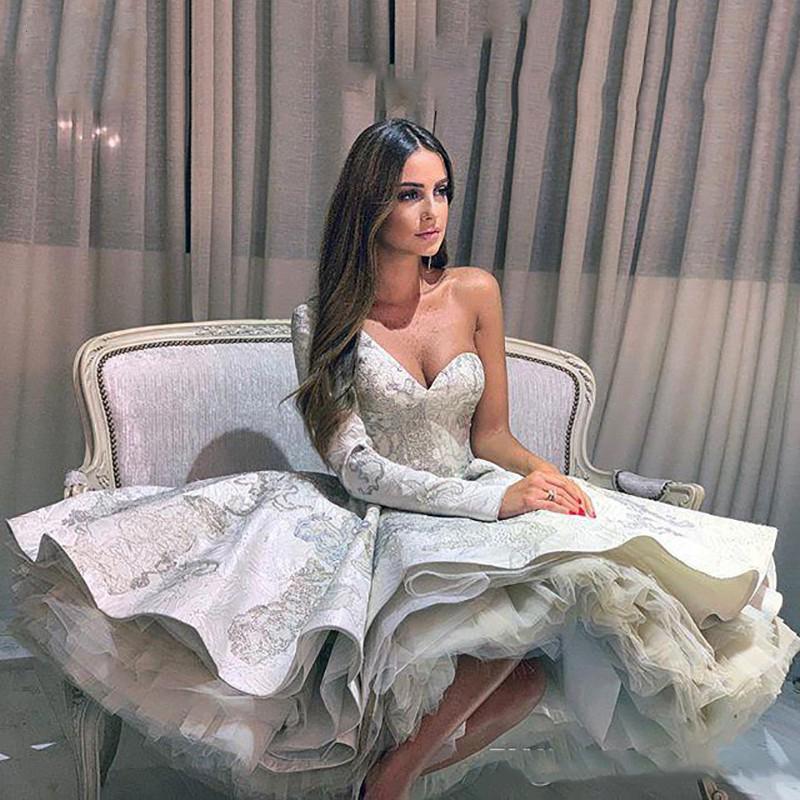 Stylish Short A-line One Shoulder Floral Pattern Wedding Dress with sleeves