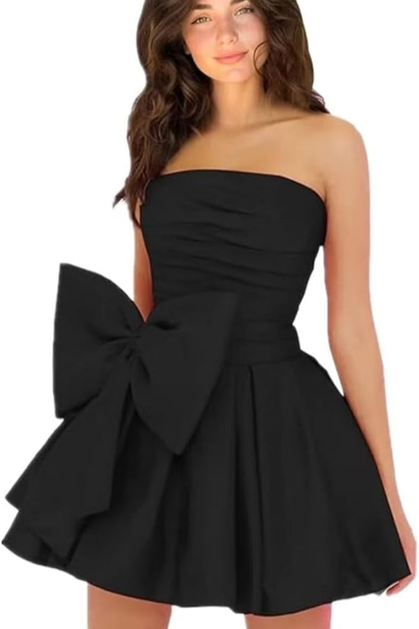 Simple Short A-line Strapless Sleeveless Ruffle Satin Homecoming Dress