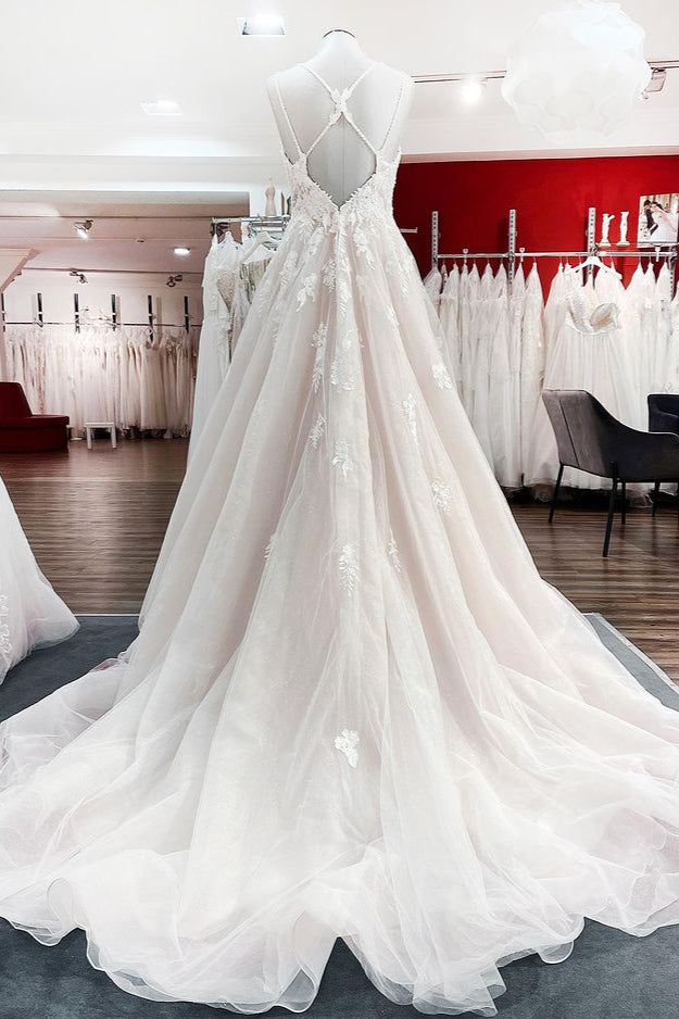 Modest Long A-line V-neck Tulle Spaghetti Straps Ruffles Wedding Dress with Lace