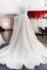 Modest Long A-line V-neck Tulle Spaghetti Straps Ruffles Wedding Dress with Lace