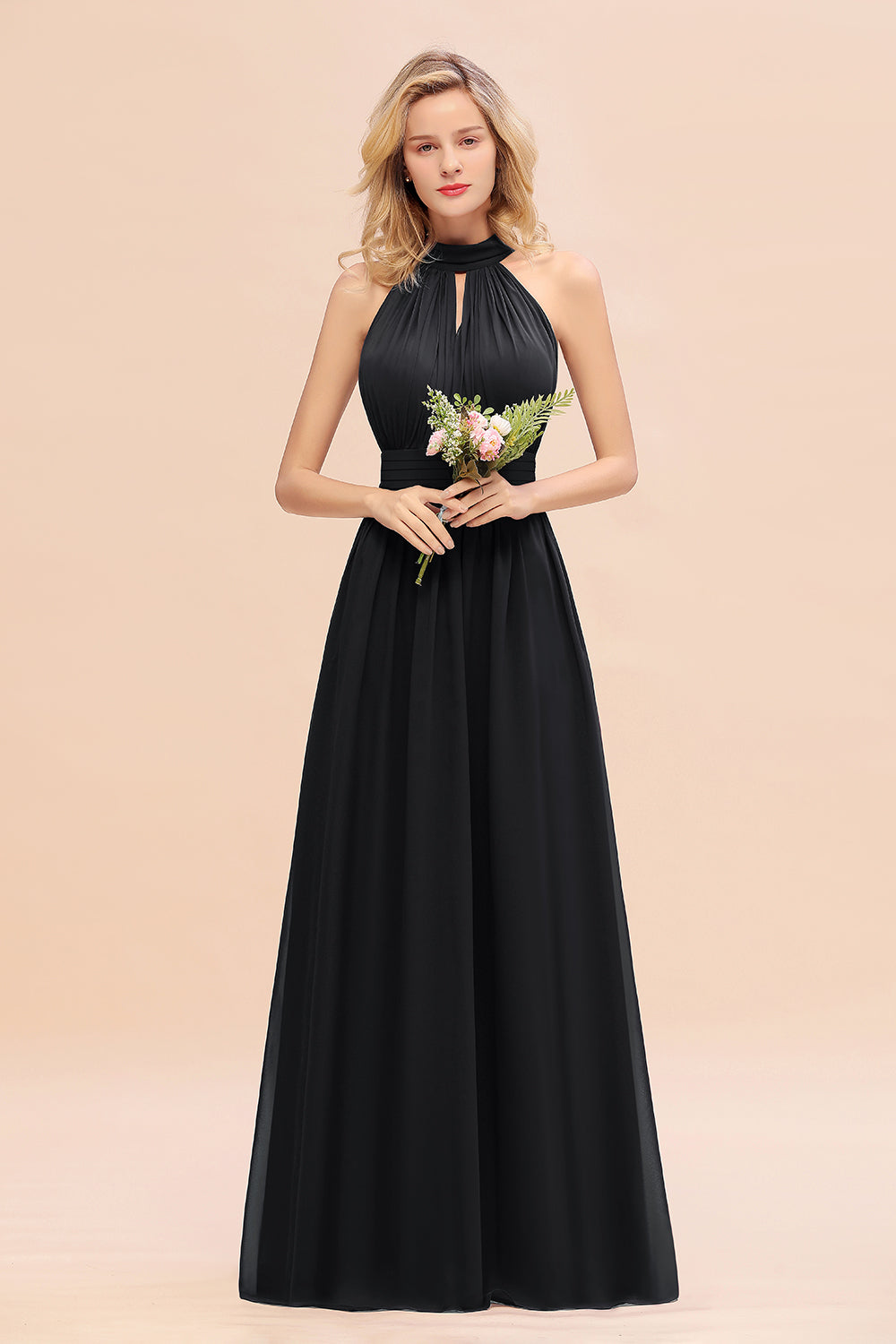 Dusty Sage Long High Neck Chiffon Bridesmaid Dresses with Ruffle