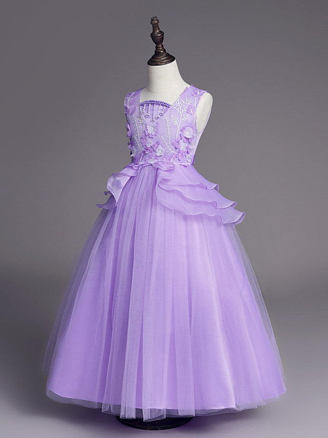 White Long A-line Tull Lace Sleeveless Jewel Neck Flower Girl Dresses