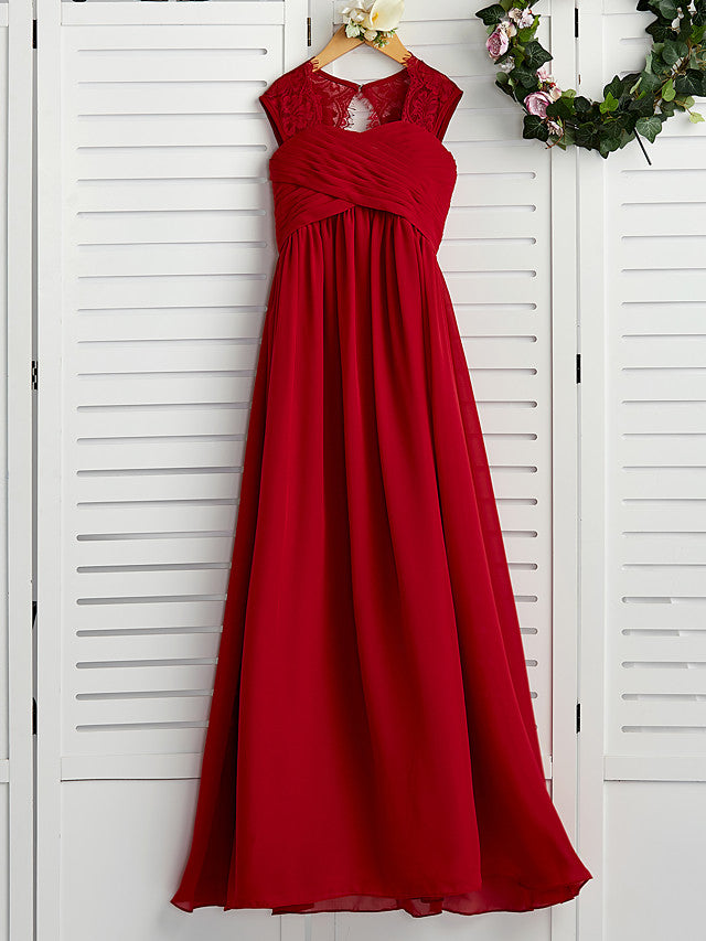 Red Long A-line Chiffon Floor Length Junior Bridesmaid Dress with Lace