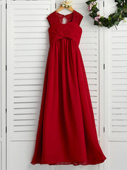 Red Long A-line Chiffon Floor Length Junior Bridesmaid Dress with Lace