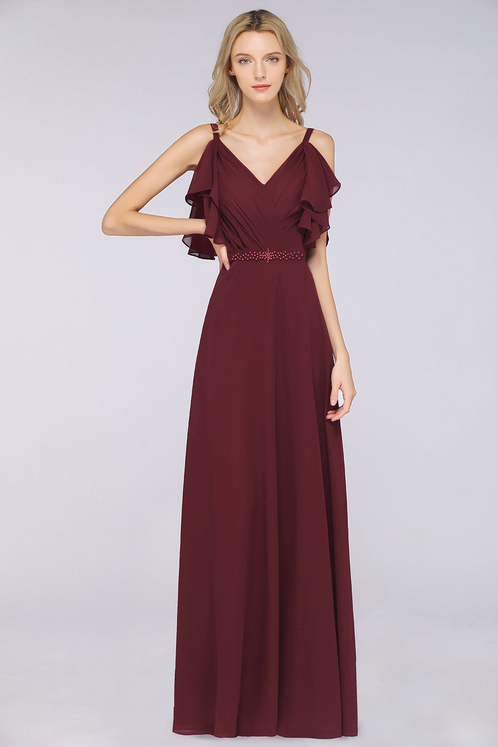 A-Line Chiffon V-Neck Straps Sleeveless Ruffles Floor Length Bridesmaid Dress with Pearls