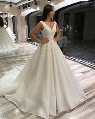 Glamorous Long A-line V-neck Sleeveless Lace Satin Wedding Dress
