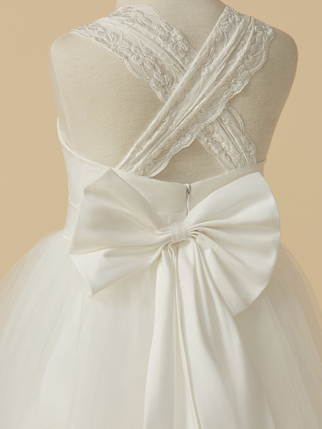 Long A-line Sleeveless Tulle Floor Length First Communion Flower Girl Dresses