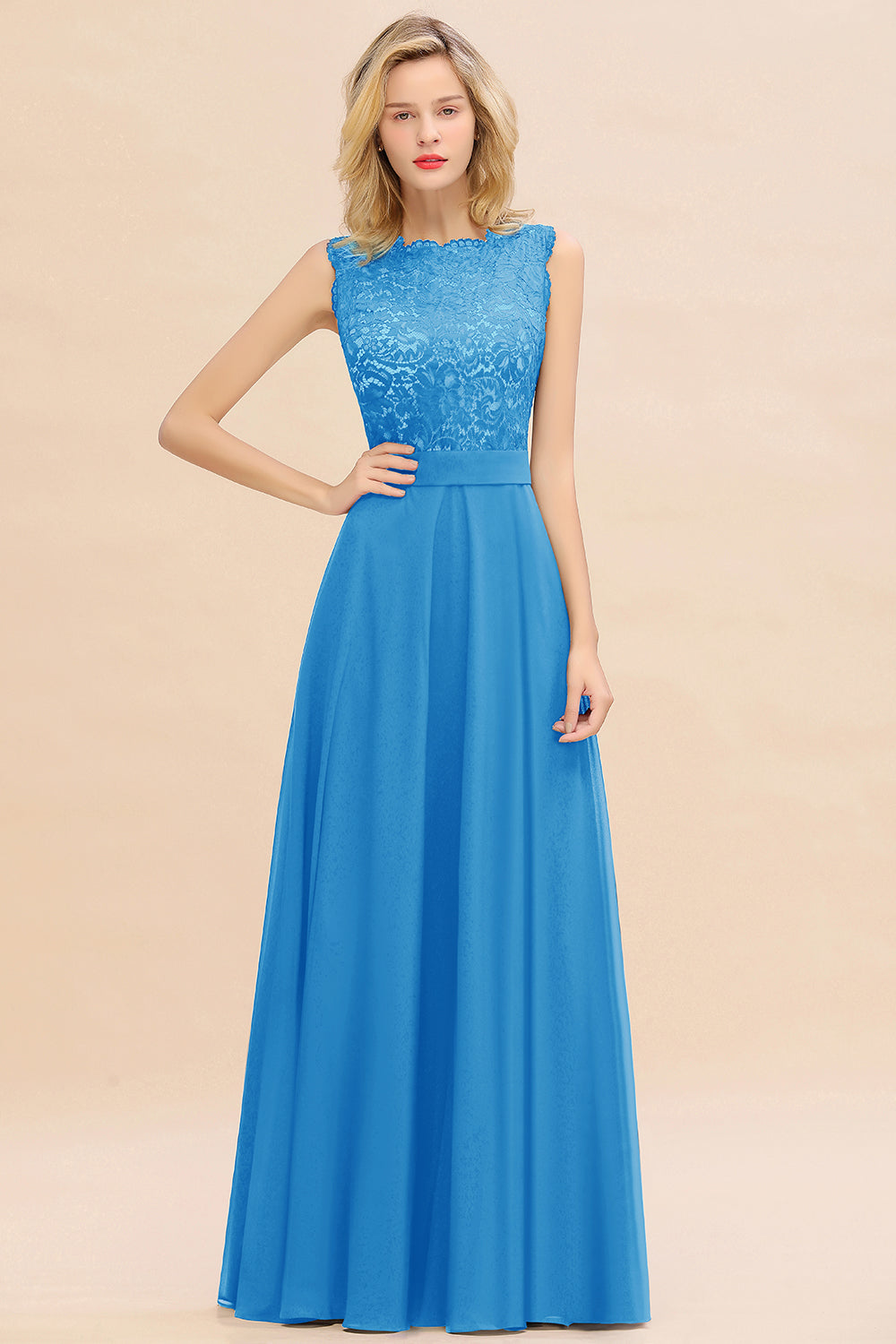 Long A-line Chiffon Lace Sleeveless Bridesmaid Dresses