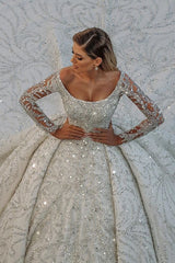 Luxury Long Ball Gown Satin Sequin Off The Shoulder Backless Wedding Dress with Sleeves